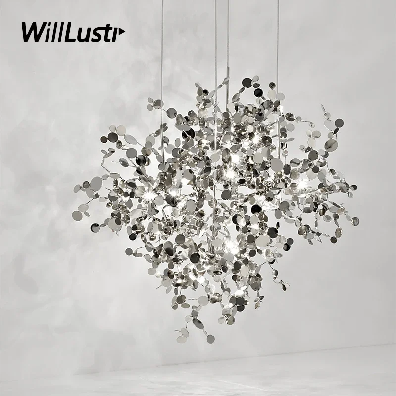 

Stainless Steel Leaves Pendant Lamp Argent Ceiling Chandelier Living Dining Room Restaurant Hotel Suspension Hanging Lighting