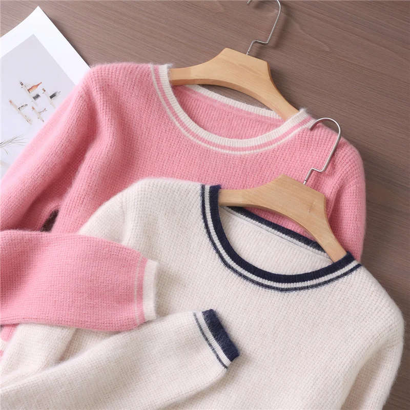 Women Mink Cashmere Sweater O-Neck Pullover Autumn Winter Basic Casual Soft Warm Color Block Clothing 100% Mink Cashmere Tops