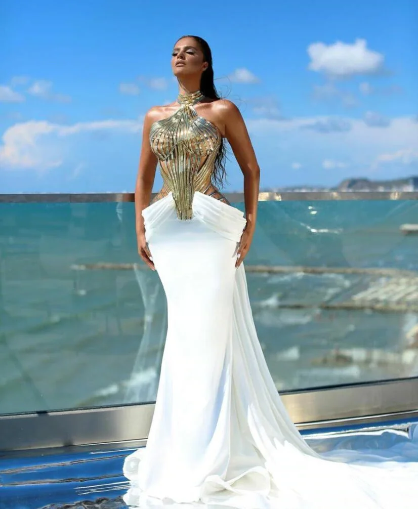 robes de soirée White Mermaid Prom Dresses 2022 Long Bridal Wedding Gowns Sleeveless Halter Elegant Evening Party Dress Custom