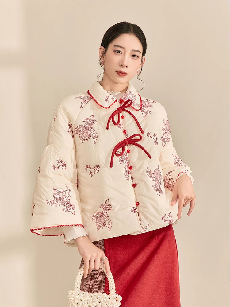 

Women's Thiened Cotton Jaet White Embroidery Carp New Chinese Sle Gentle Vintage Winter Outerwear Collar Button Cl...