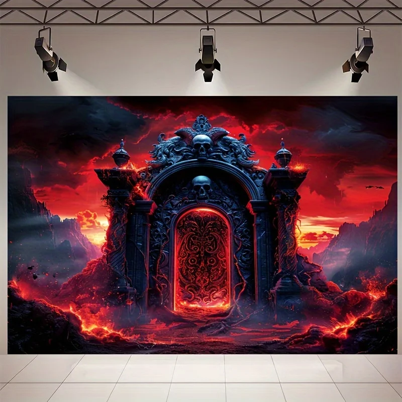 بوابة الجمجمة الغامضة. خلفية مع بوابة قوطية داكنة وأشواك وضوء أحمر جحمي وسحب ونيران.