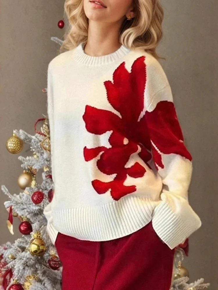 

Женский повседневный пуловер с длинными рукавами и круглым вырезом на осень и зиму 2025 года, вязаный свитер с цветочной вышивкой для женщин