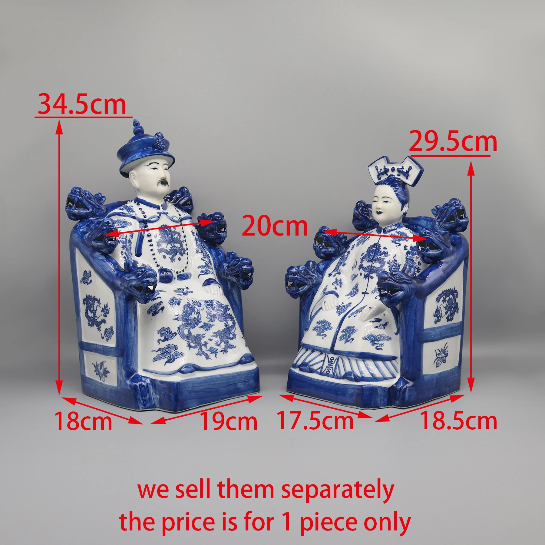 Heavy Sitting Emperor Statue, Empress in the Dragon Head Chair, Blue and White Figurine