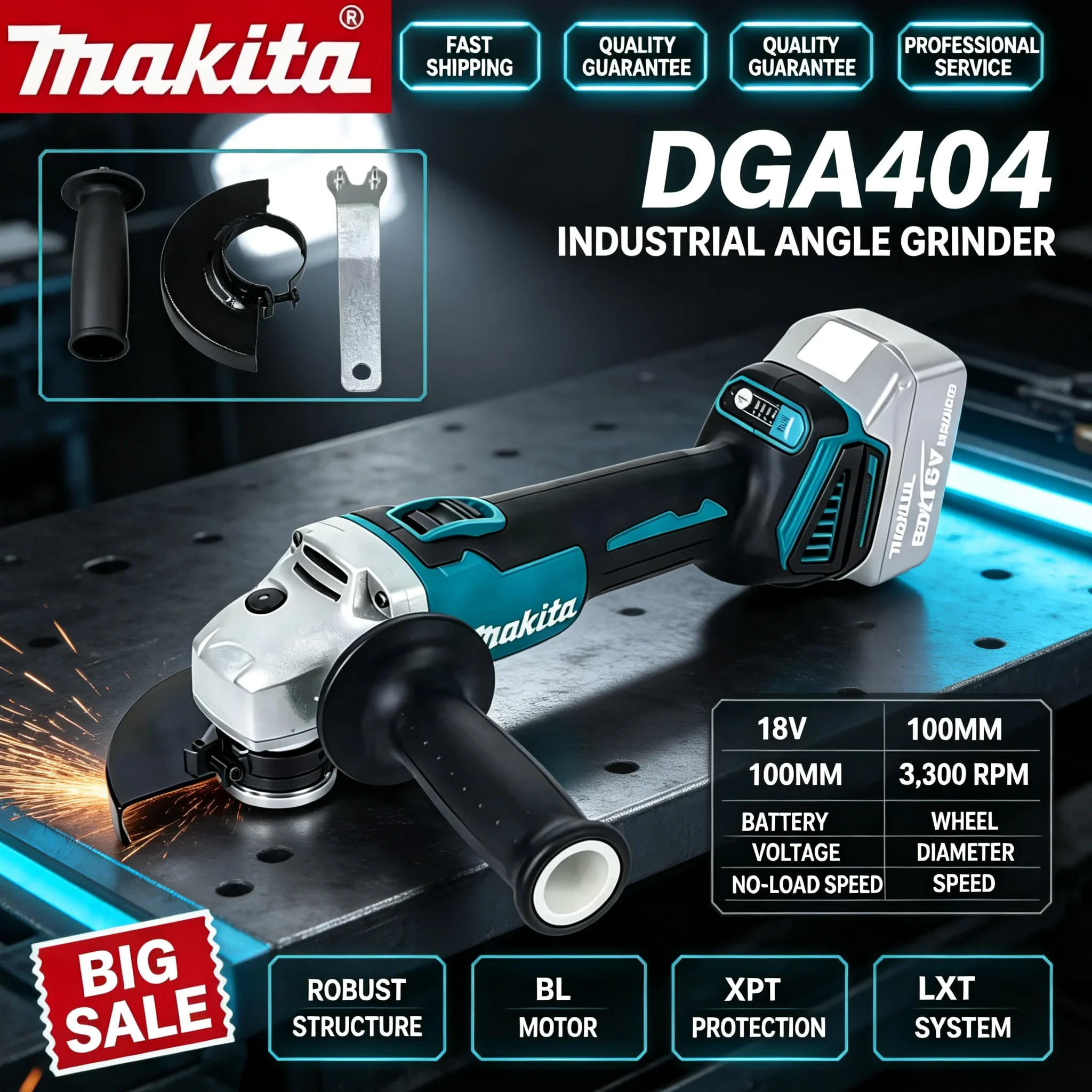 Makita DGA404 Rechargeable Brushless Angle Grinder 100mm Lithium Cutting Polishing High Power Tool Compatible With 18V Battery