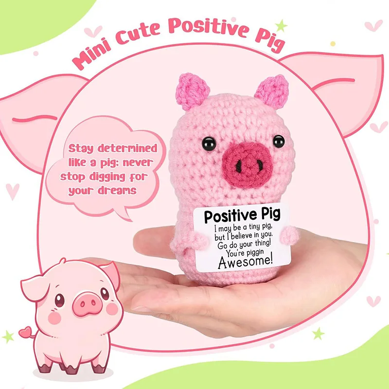 Funny Positive Pig Crochet Dolls with Card Emotional Support Cute Animal Ornaments Home Room Decoration Birthday Xmas Party Gift