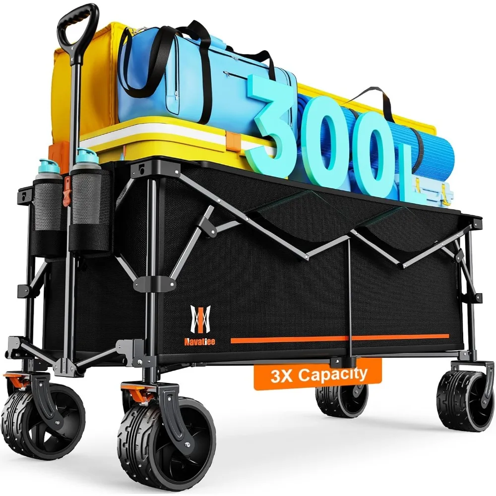 

300L Collapsible Wagon Cart Foldable Extra Large, 48''L Folding Extended Beach Wagon with 440LBS Weight Capacity and Big All-Te