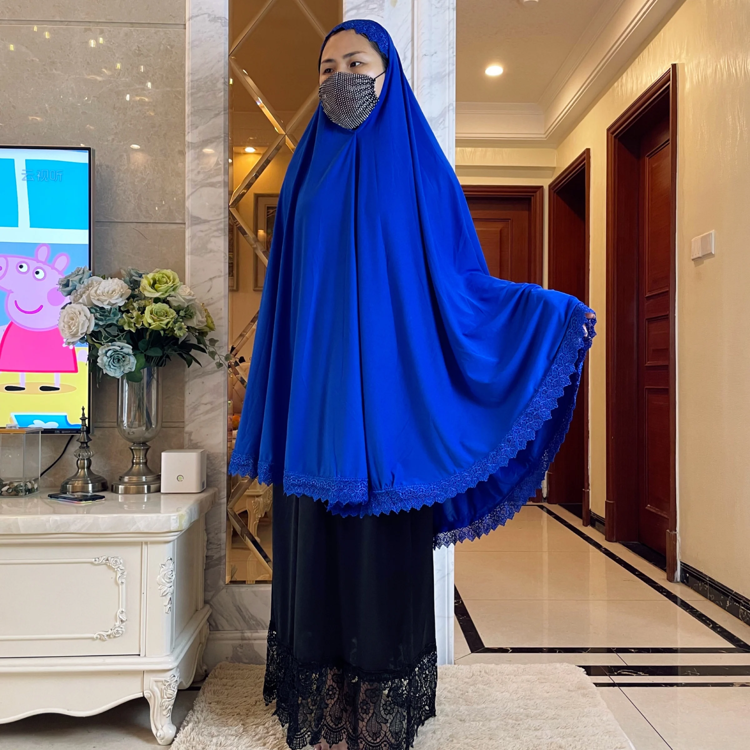 2022Women Muslim Prayer Long Khimar Lace Trim Islamic Veils Headcover Dubai Saudis Turkey Arabic Clothing Hijab Headdress