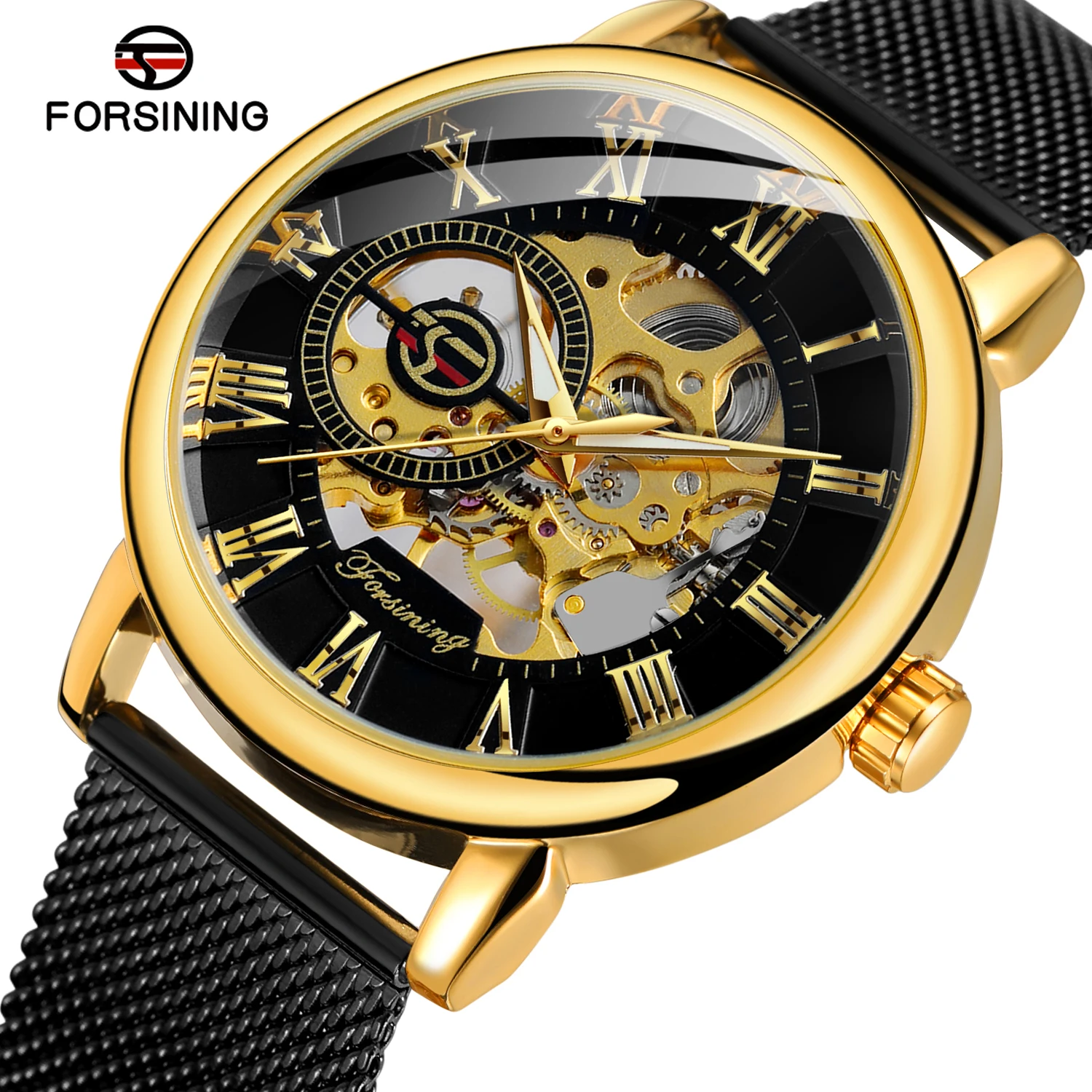 

FORSINING Classic Engraved Men Wrist Watches Hollow Mechanical Watches Mesh Strap Roman Numeral Luminous Pointers Skeleton Clock