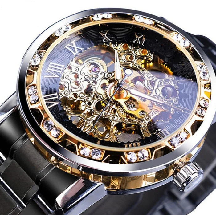 Fashionable and Casual Diamond Inlaid Hollow Design Manual Mechanical Watch Multifunctional Men\'s Trendy Business Watch