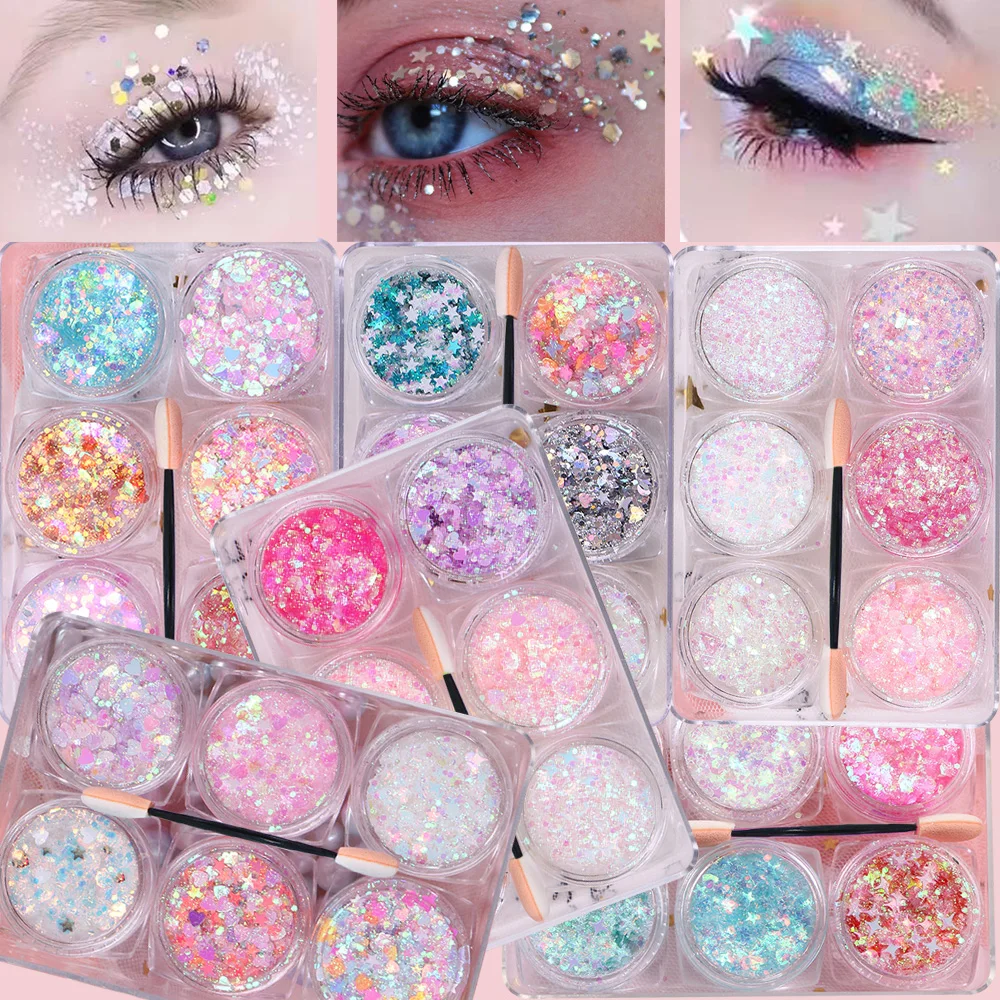 6 ชิ้น/เซ็ต Eye Glitter GEL สําหรับเด็กสาวครีมเลื่อมหัวใจ/Star/Moon Shining อายแชโดว์แต่งหน้า PARTY Face Body เล็บ Decora