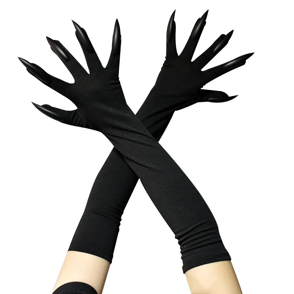 Joking Tools Funny Girls For Women Black Silver Long Nails Witch Cosplay Costume Fancy Props Mittens Halloween Cosplay Gloves