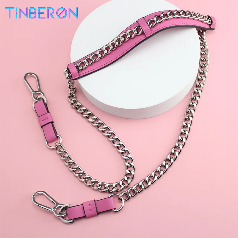 TINBERON Bag Chain Strap With Leather Shoulder Pad Silver Metal Chain Strap Women Handbags Handle Chain Strap Shoulder Bag Strap