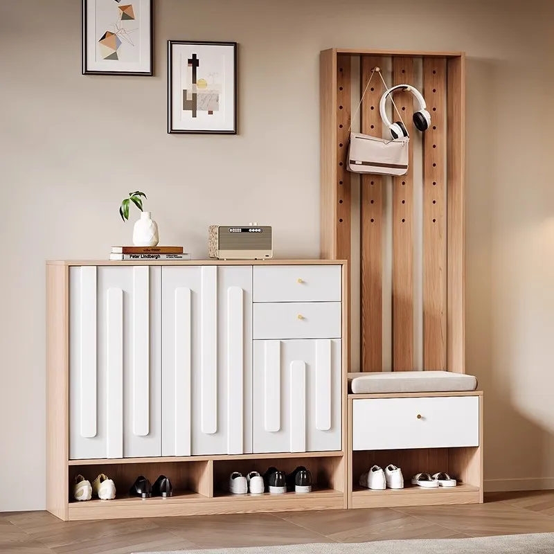 Household Entrance Door Solid Wood Shoe Cabinet Household Door Corridor Living Room Partition with Seat Stool Change Shoe Stool