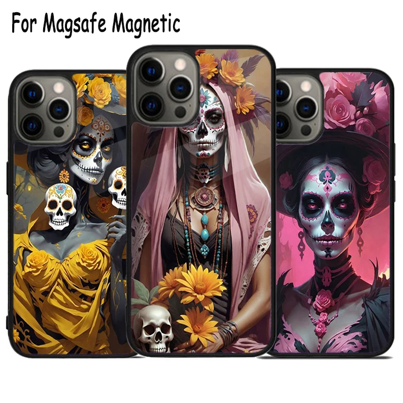 Mexican Skull Girl Tattooed Art Wireless Charge Magsafe Phone Case For iPhone 15 16 14 13 11 12 Pro Max Plus Magnetic Cover