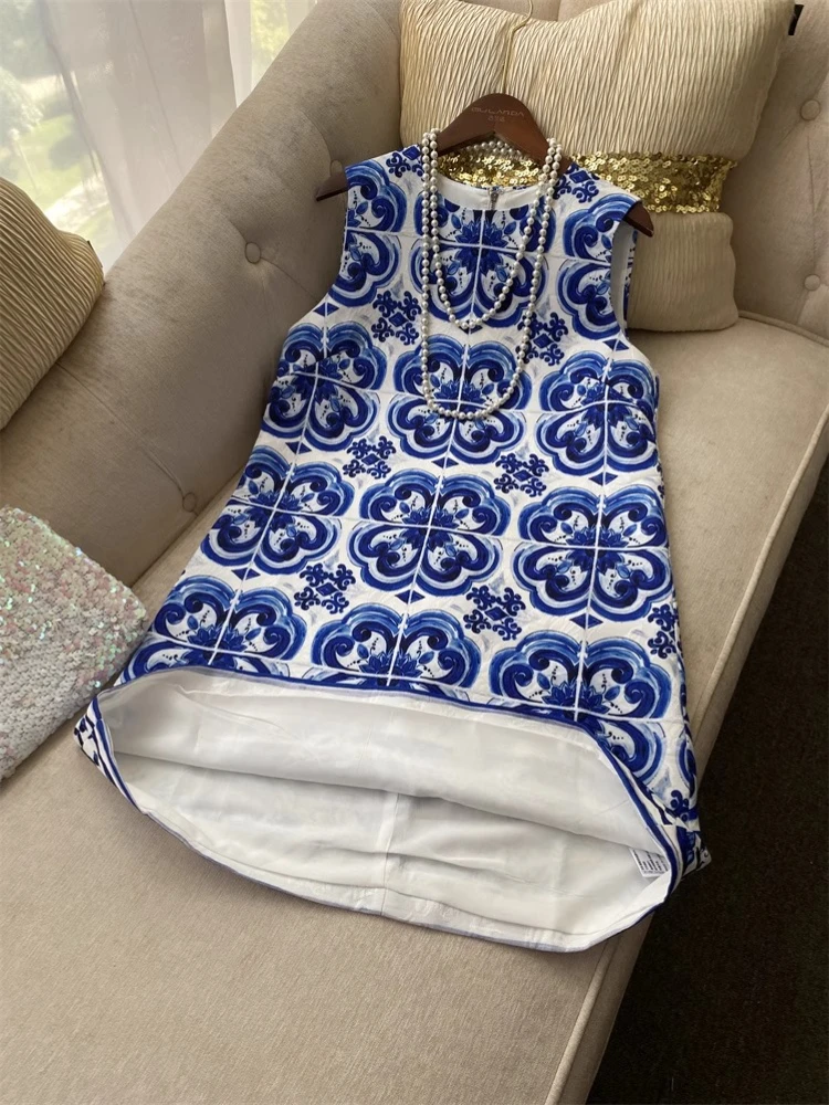 

Chinese Style Elegant Retro Printing Short Dresses Round Neck Sleeveless High Waist A-line Temperament Tank Dress Women Summer