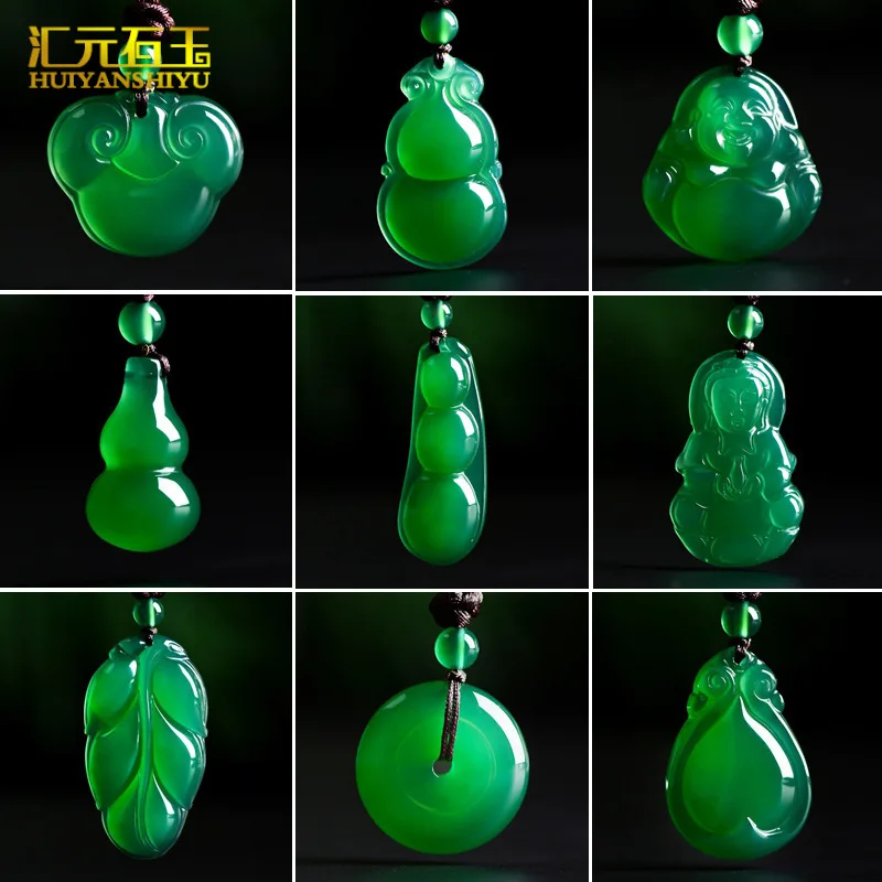 Brazilian translucent green chalcedony fluorescent Guanyin Buddha agate jade ornament peace buckle leaf pendant