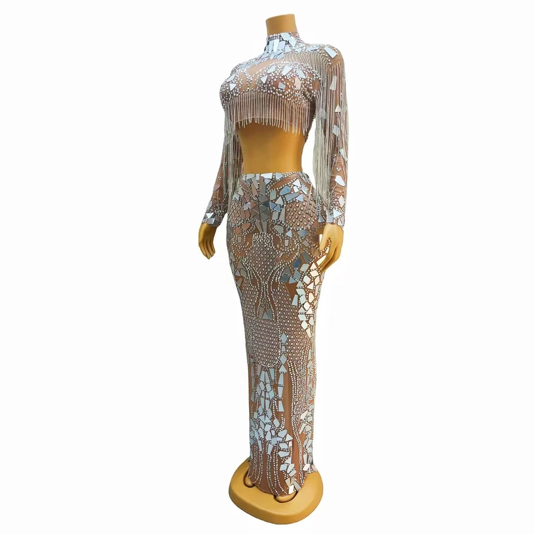 Fashion Tassel Sequins See Through Crystal Wedding Party Dress Lady Sexy 2-piece Bodycon Prom Dress Women Diamond Evening Gowns