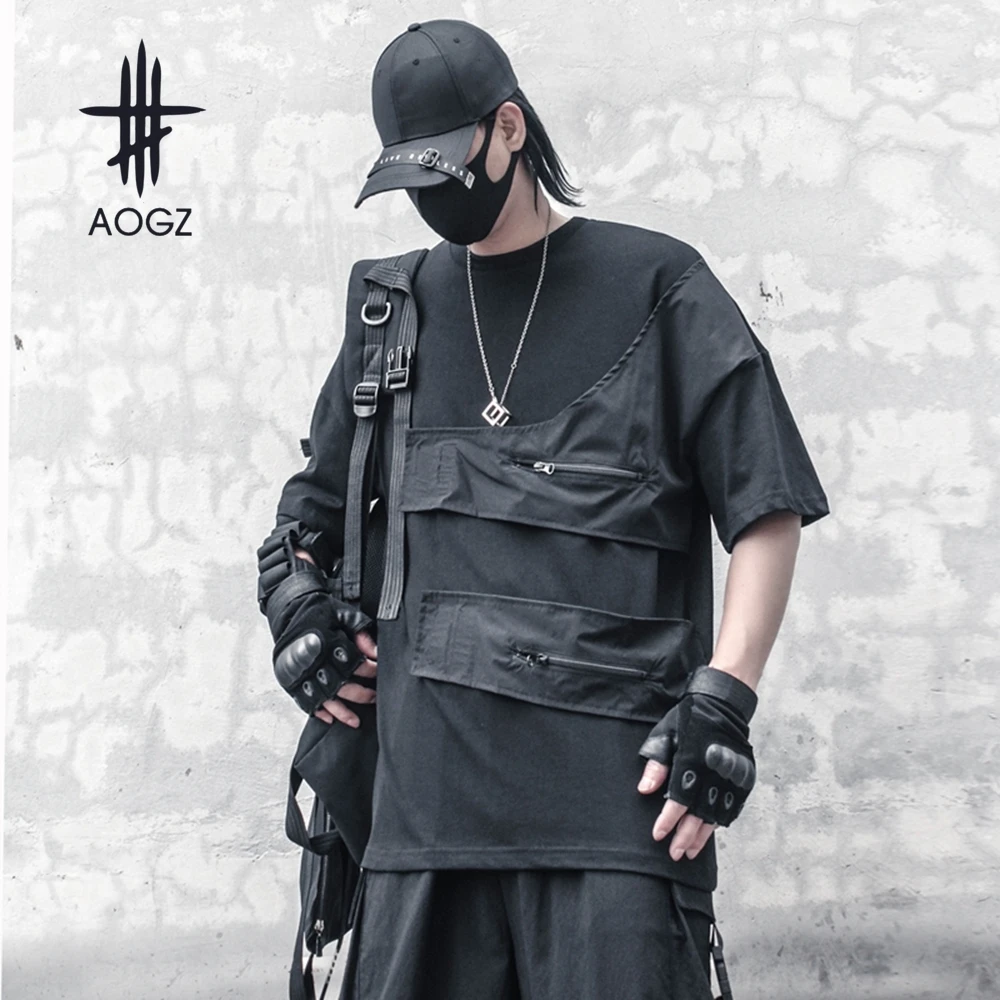 

AOGZ Zipper Patch Casual Short Sleeves Tee Shirts Men Summer T Shirts Cotton Hip Hop Streetwear Techwear Tactical Loose Tee Tops