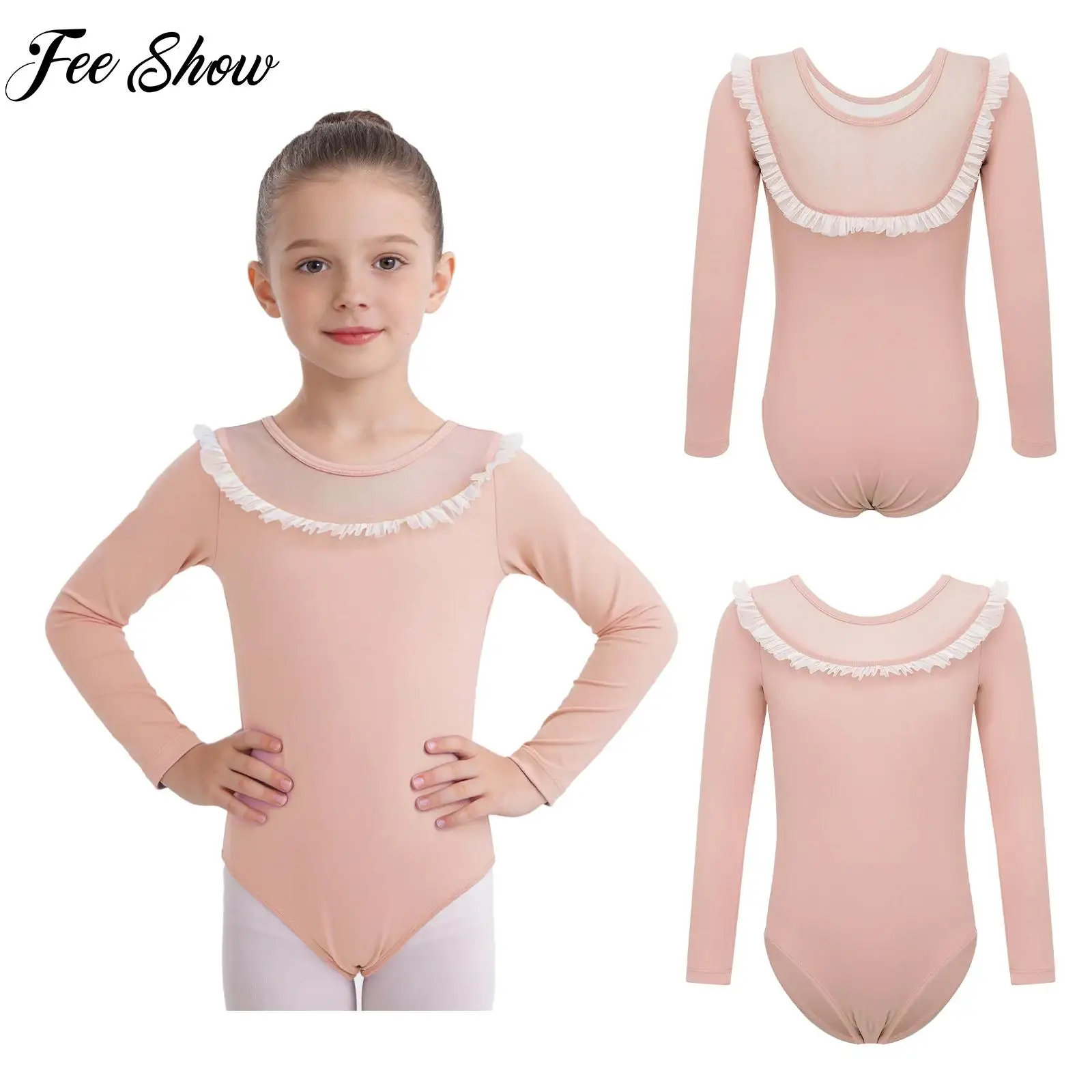 

Детский тюлевой купальник с оборками для девочек, гимнастический балетный танцевальный купальник, прозрачное сетчатое боди с длинными рукавами, танцевальная одежда для фигурного катания