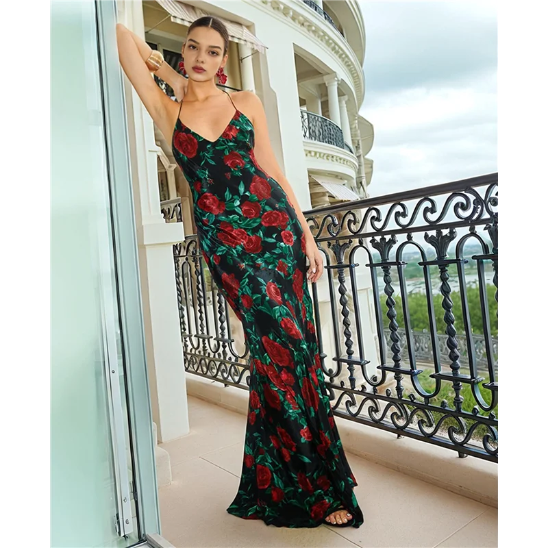 ABRT-여성 Bodycon 맥시 드레스 여름 서스펜더 꽃 프린트 타이트 피트 파티 클럽 백리스 드레스