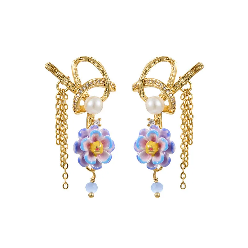 

Summer Vacation Hand-Painted Enamel Purple Gradient 3D Flower Stud Earrings High-End Face-Shaping Jewelry Voilet Flower Earrings