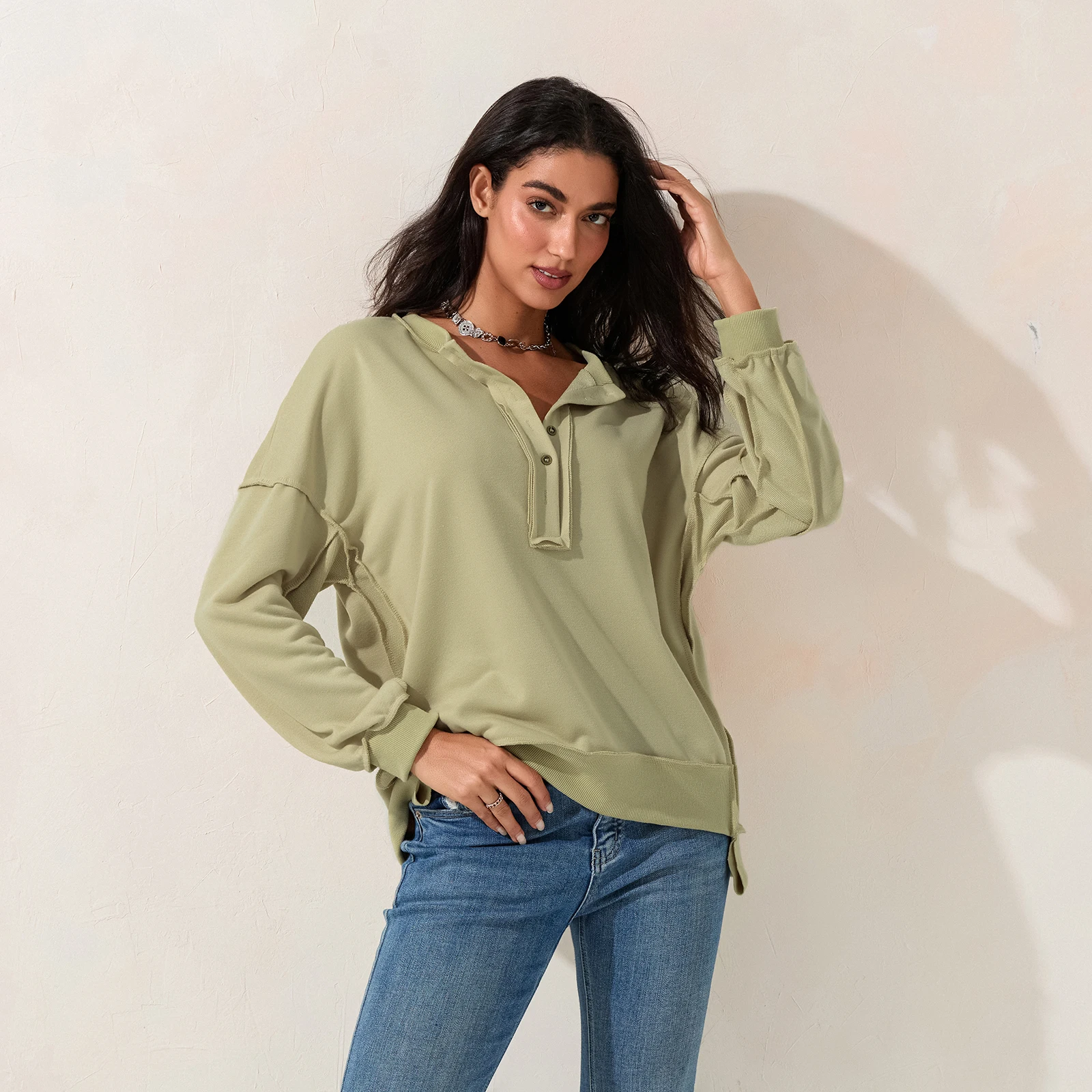 Women Autumn Winter Loose Sweatshirt Solid Color Long Sleeve V Neck Button Up Pullover Vintage Tops