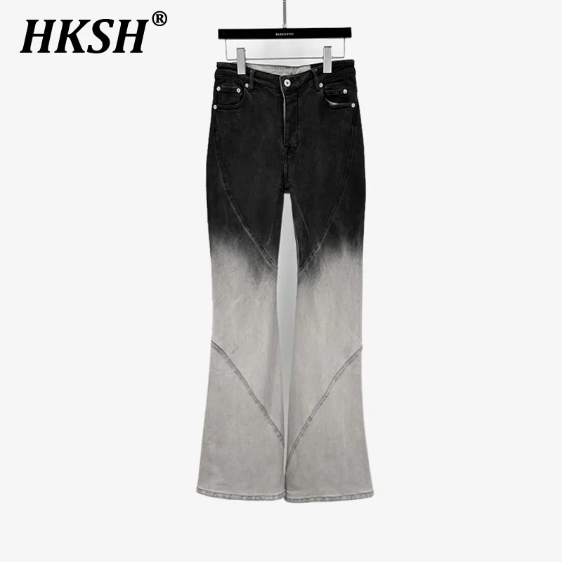 

HKSH Autumn New Women's Tide Flared Jeans Dark RO Style Color Contrast Wide Legs Vintage Stacked Niche Trendy Denim Pants H2731