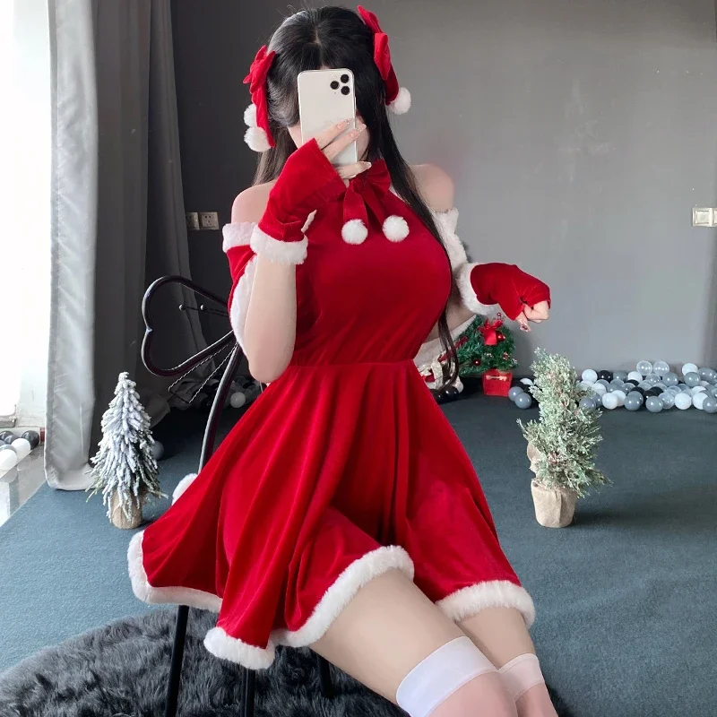 Christmas Sexy Plush Dress Bunny Girl Uniform Cosplay Costume Velvet New Year Red Nightdress Role Play Outfits Underwear Girl