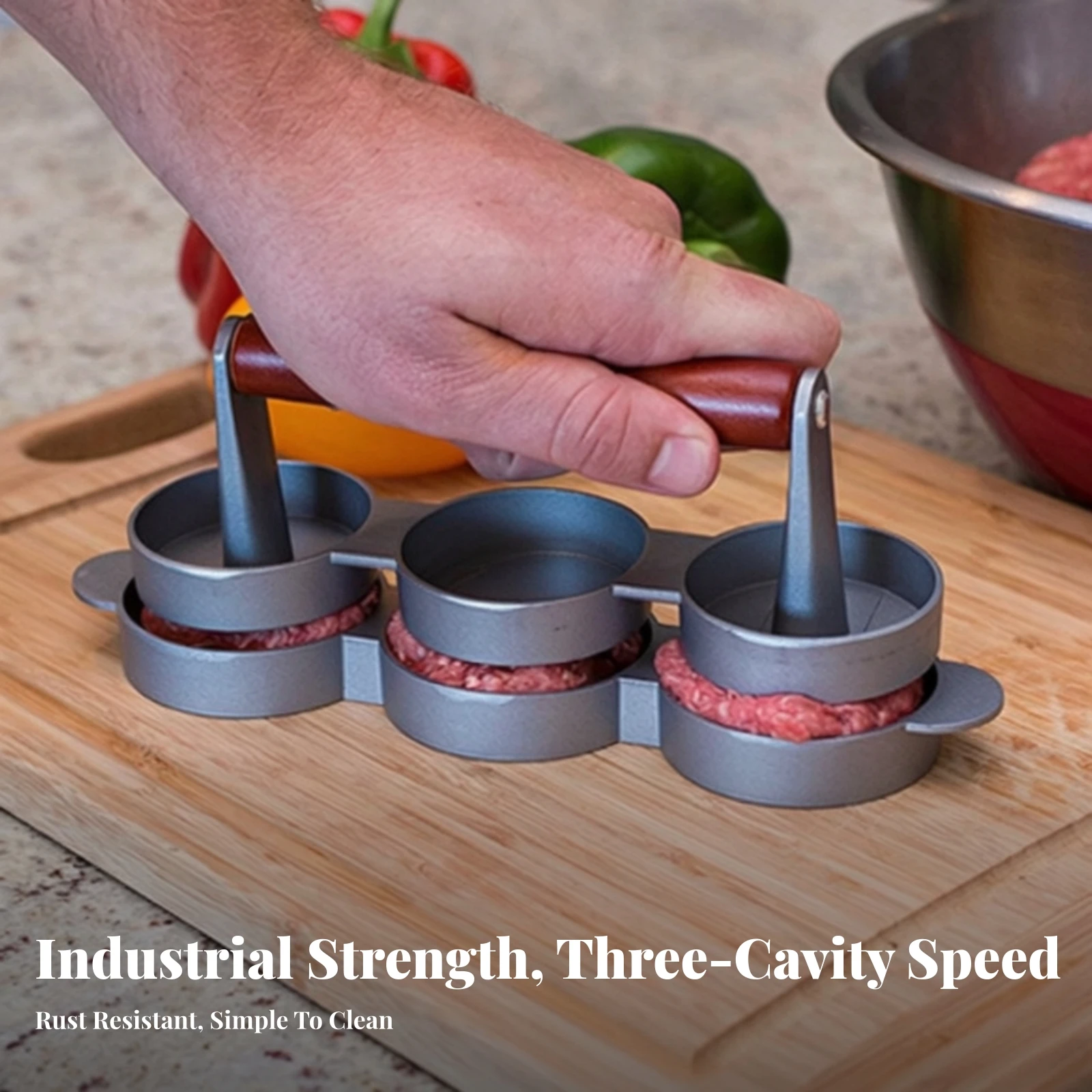 Hamburger Press with Wood Handle Food-Grade 3-Cavity Patty Press Triple Burger Mold Heavy-Duty Hamburger Patty Maker Robust