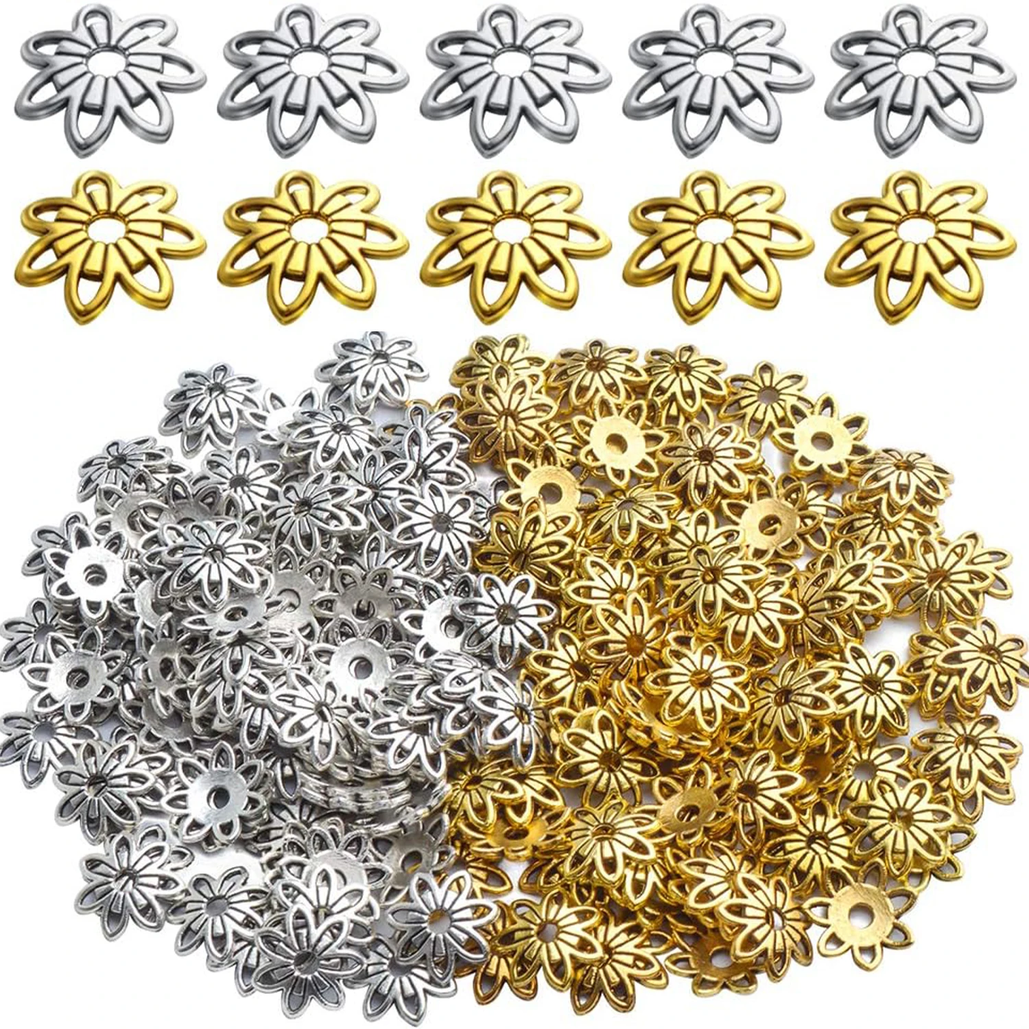 

200pcs 10mm Filigree Flower Bead Caps, Alloy, Antique Gold & Silver, DIY Bracelet Earring Jewelry Making