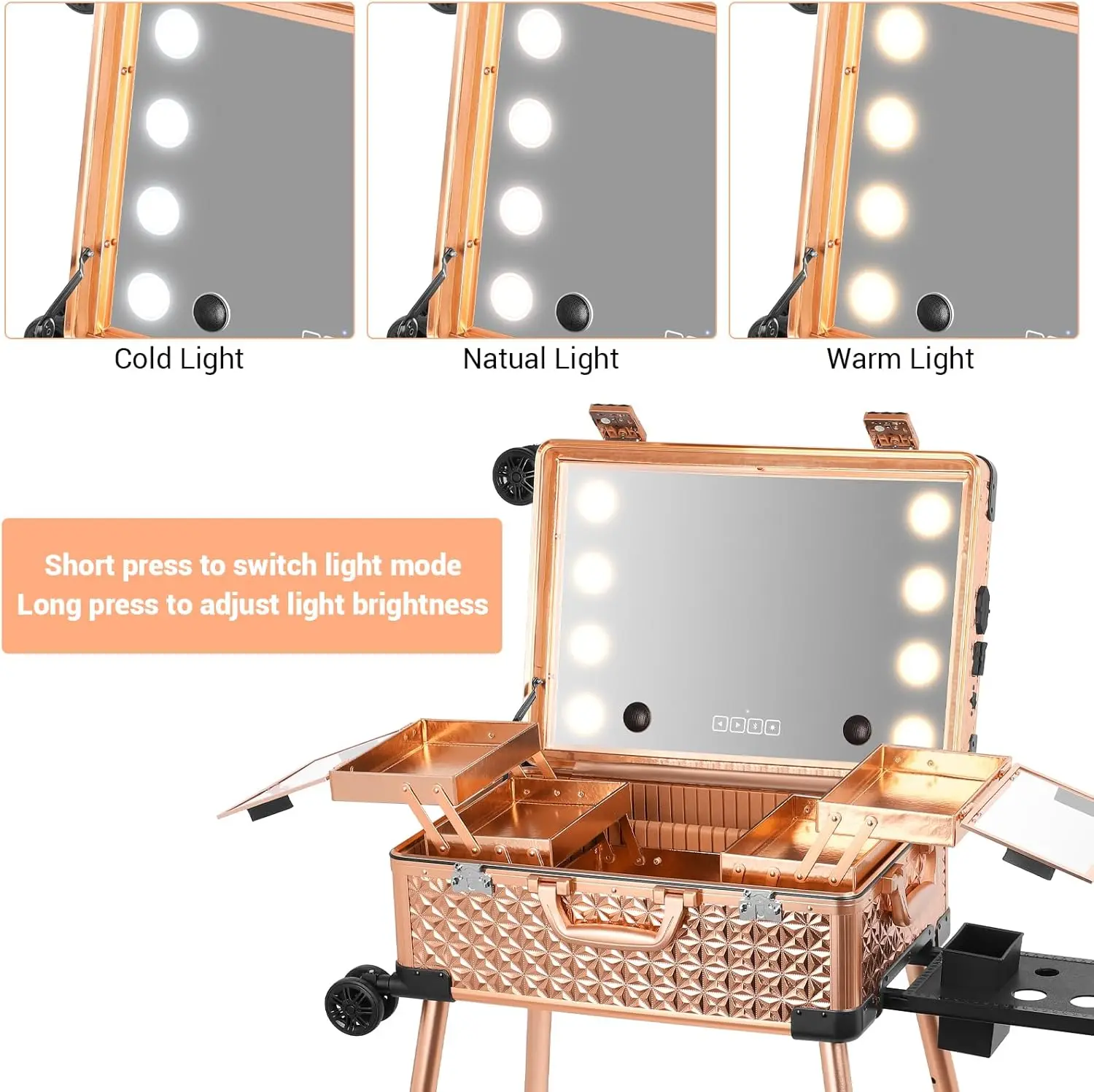 Mirror and Bluetooth Speaker Professional Cosmetic Organizer Case with Wheels, Stands Portable Makup Station Vanity view 5