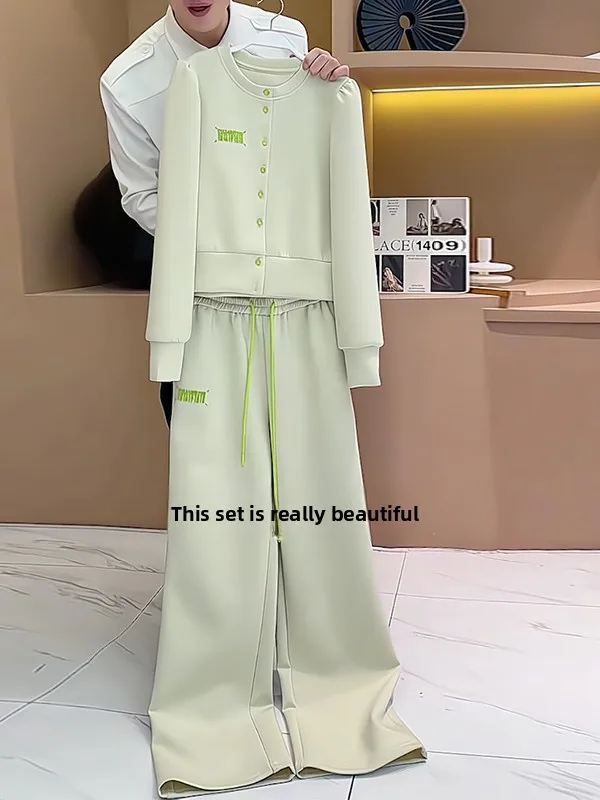 

Fall High-End Casual Sports Set Women's Stylish Age-Defying Baseball Jacket Top Wide Leg Pants Two-Piece Set Cotton Long Slee...
