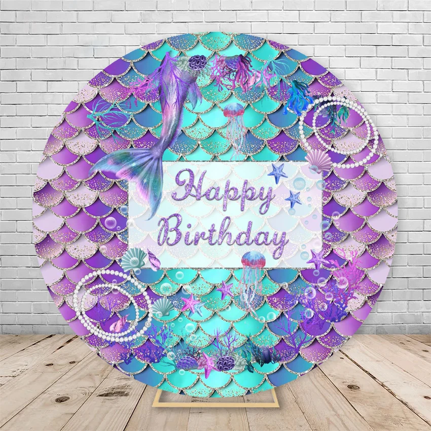 Round Mermaid Princess Girl Birthday Backdrop Under the Sea Fish Scales Background Circle Baby Birthday Party Decorations Custom