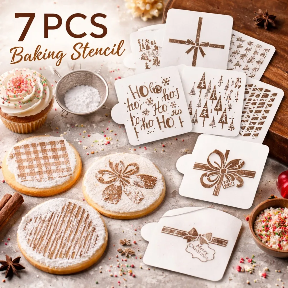 7 Pcs Christmas Cake Stencil Set, Reusable PET Templates with Bow Tree Stripe Square Patterns for Cake Cookie Fondant Party