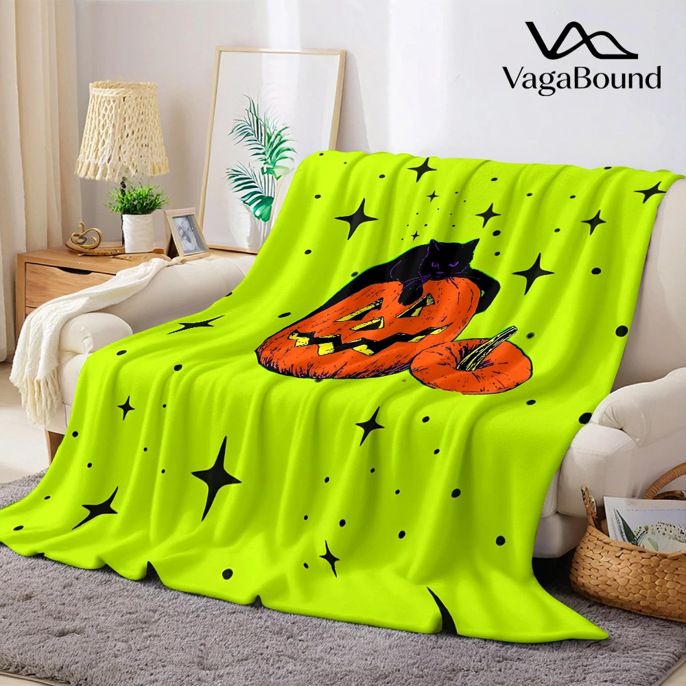 Neon Green Cat Pumpkin Flannel Fleece Throw Blanket for Couch Sofa Lightweight Cozy Plush Blanket for Travel Office Nap
