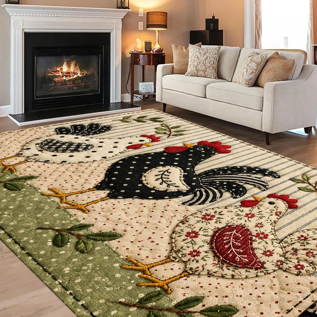 Farmhouse Style Rooster Hen Patchwork Decor Rug, Country‑Chic Floor Mat for Living Room, Bedroom and Entryway Home Decoration