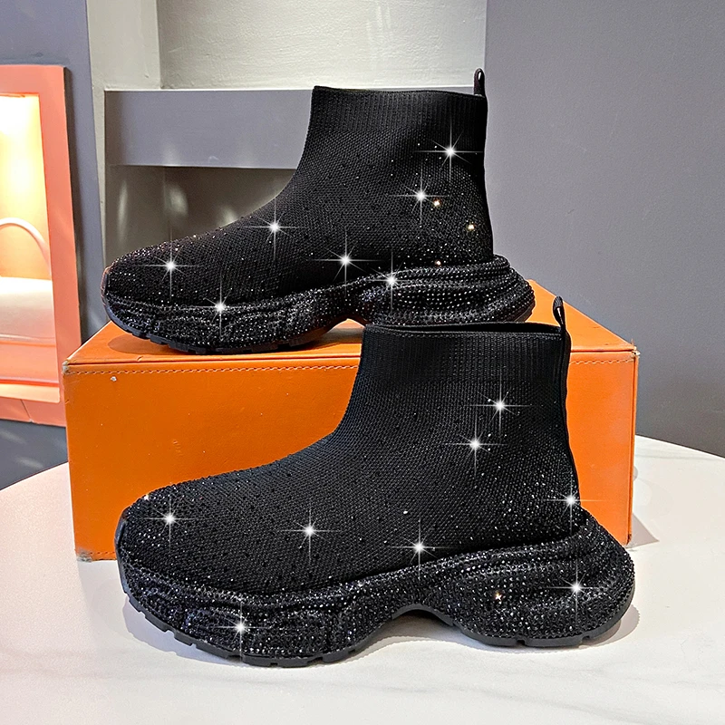 

Designer Full Diamond Ankle Boots Women's Shiny Diamond Modern Boots Luxury Knitted Stretch Boots Thick soled High Heels zapatos