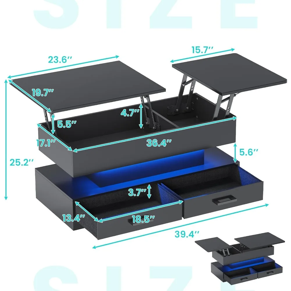 Mesa de centro con elevación superior de 40 pulgadas, mesas de centro con 2 cajones de tela para sala de estar, pequeña y moderna, con almacenamiento