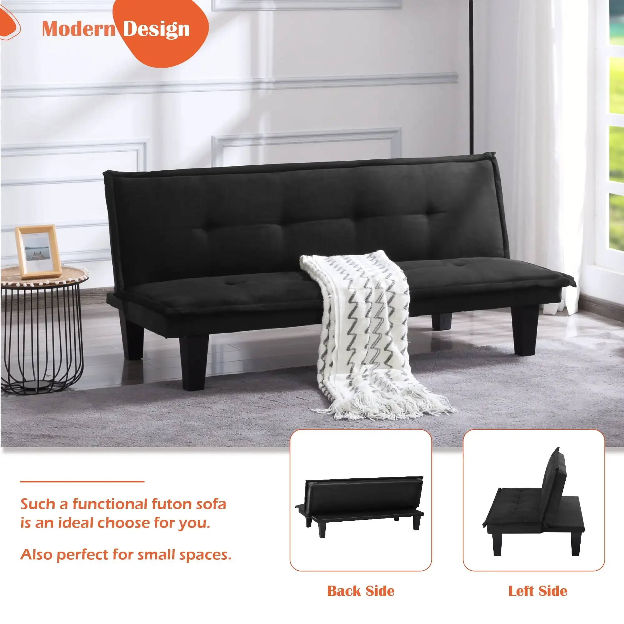 63.8 "Armless Tufted Convertible Sleeper Futon โซฟา,โมเดิร์น Futon โซฟาเบดสําหรับห้องนั่งเล่น,เกสต์โมเดิร์น,โดรม (สีดํา)