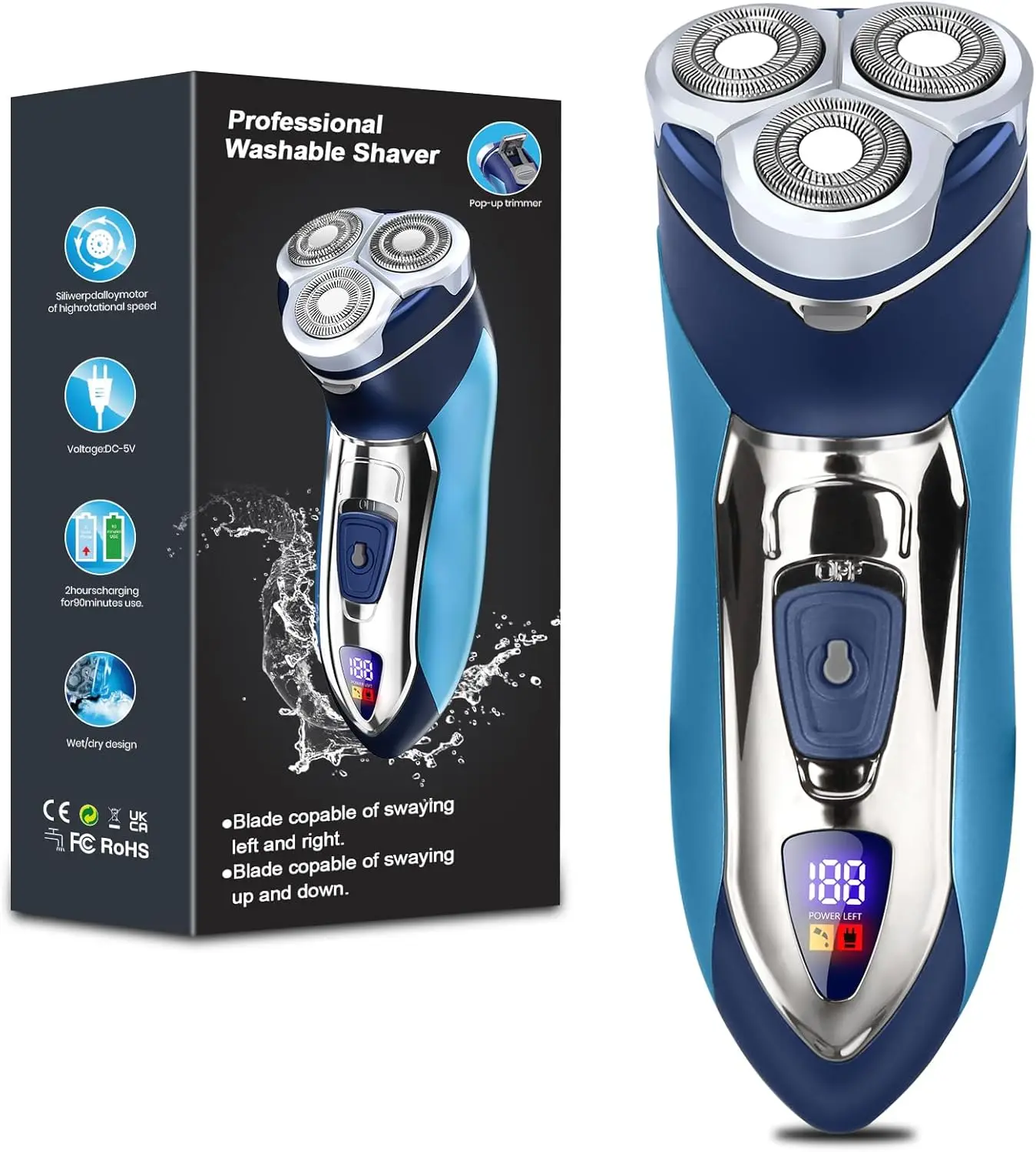 Sweker Electric Shaver for Men IPX7 Washable Pop-Up Trimmer 360° Floating Head Type-C Fast Charging LED Display Shaving Machine