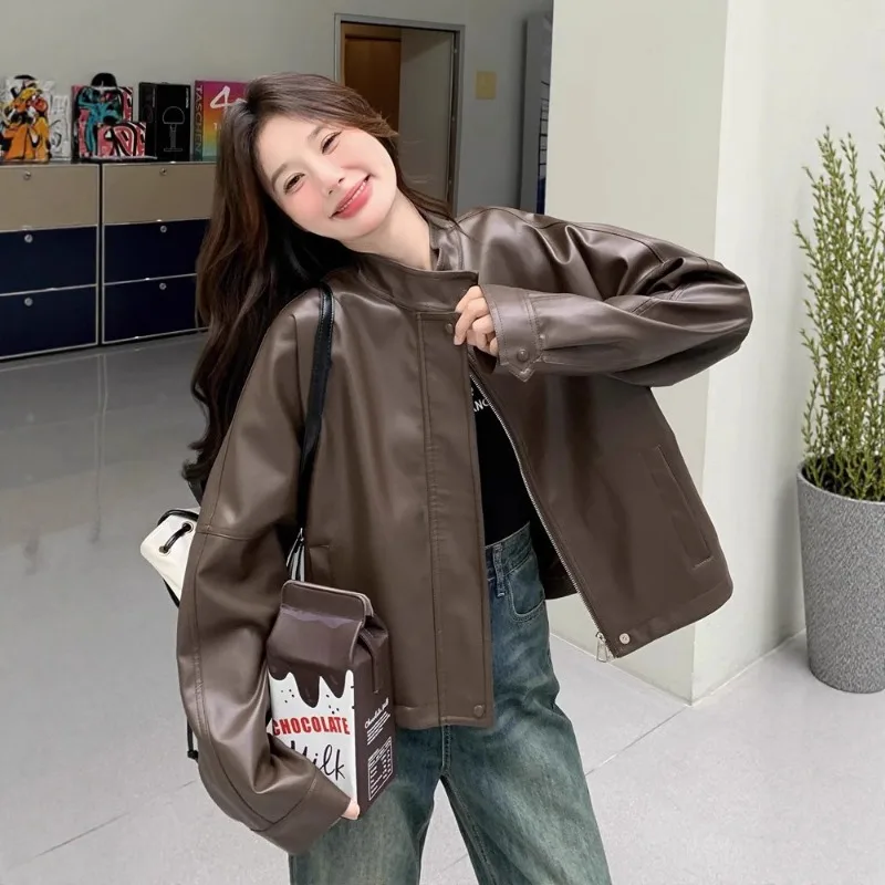 Jaqueta Feminina Vintage de Couro PU, Moda Casual, Outono Inverno, Corta-Vento com Zíper, Streetwear, Blazer Feminino, Roupa Nova