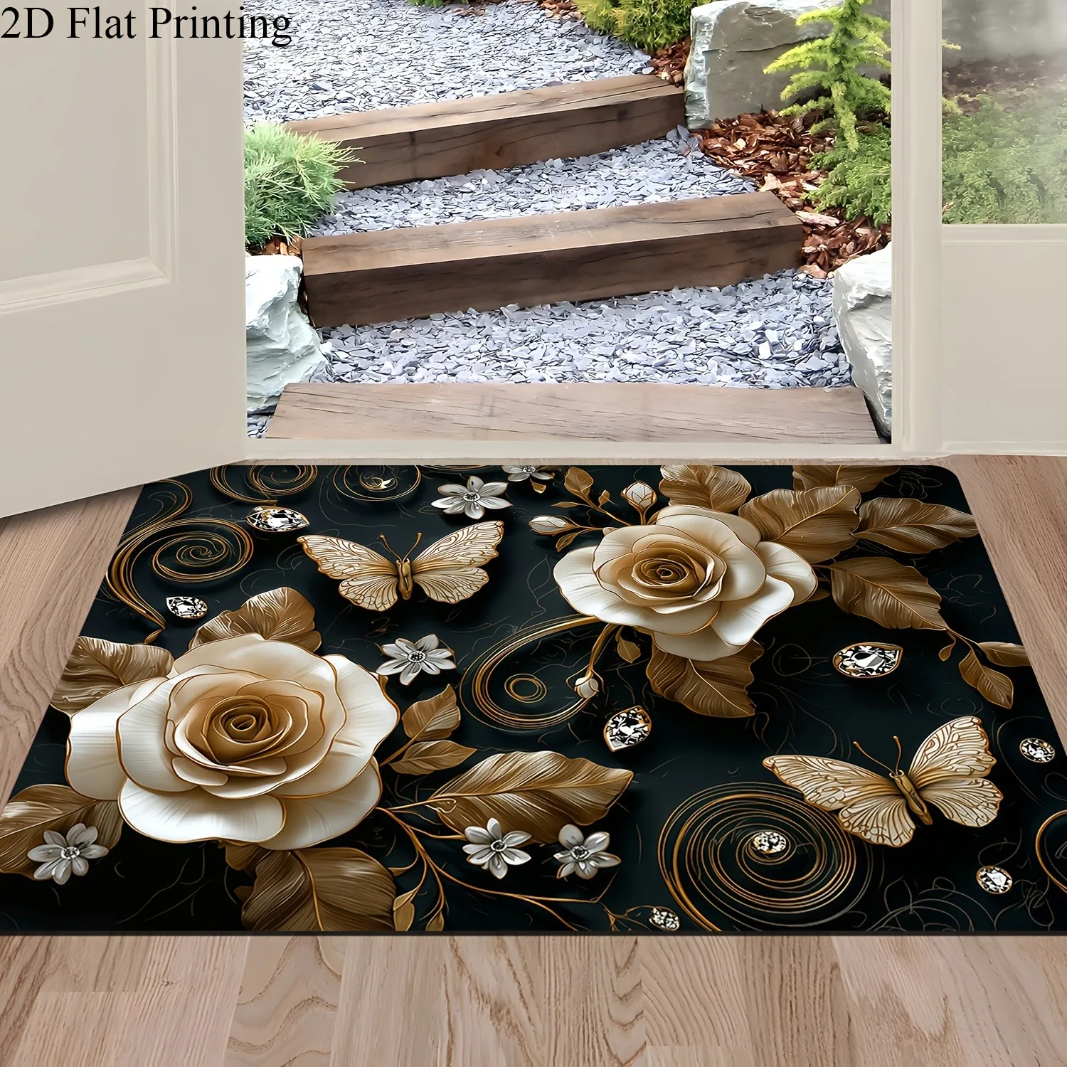 Black Background Golden Rose Butterfly Rhinestone Decor Pattern Non‑Slip Doormat Luxury Elegant Rug for Home Entrance Porch