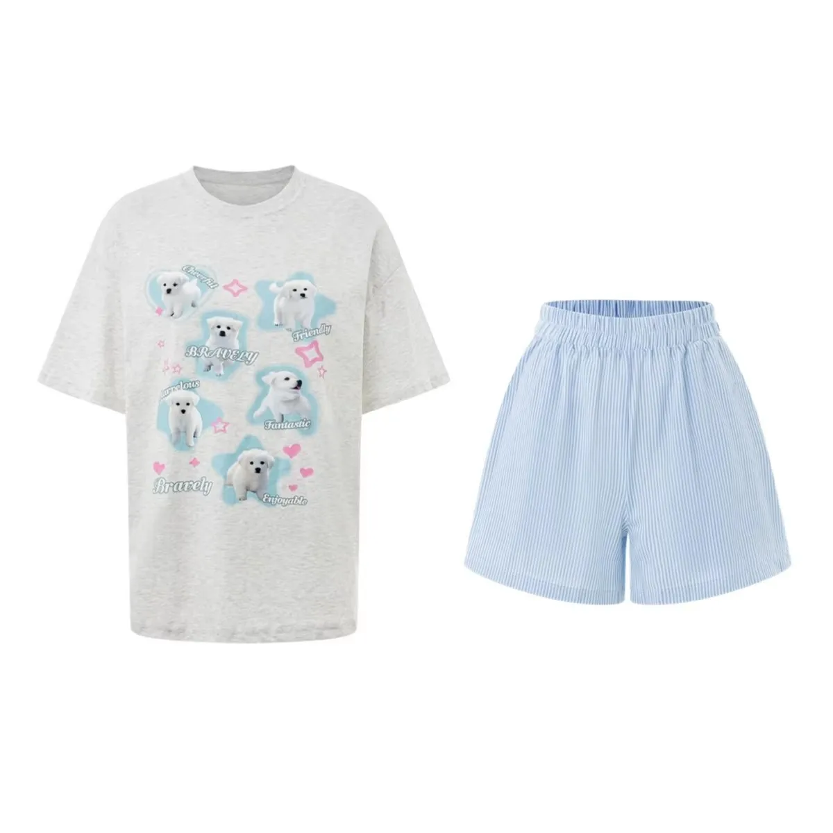 JHJN 2025 Summer Korean Loose Sweet Nightwear Sleeve+ Shorts 2 Pieces Girls Cute Dog Print Pyjamas T-Shirt Women'S Clothing