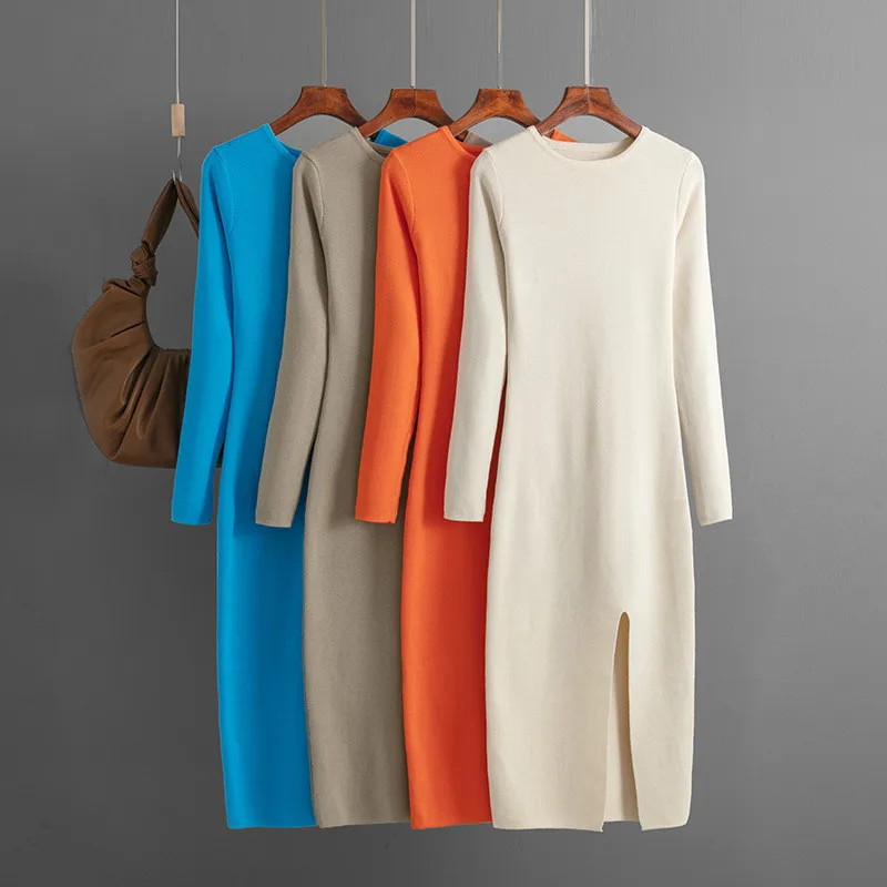 

Women Knitted Dress with Side Slit Autumn Winter Tight Dresses Elegant Long Sleeve Female Bodycon Knit Dress 2023
