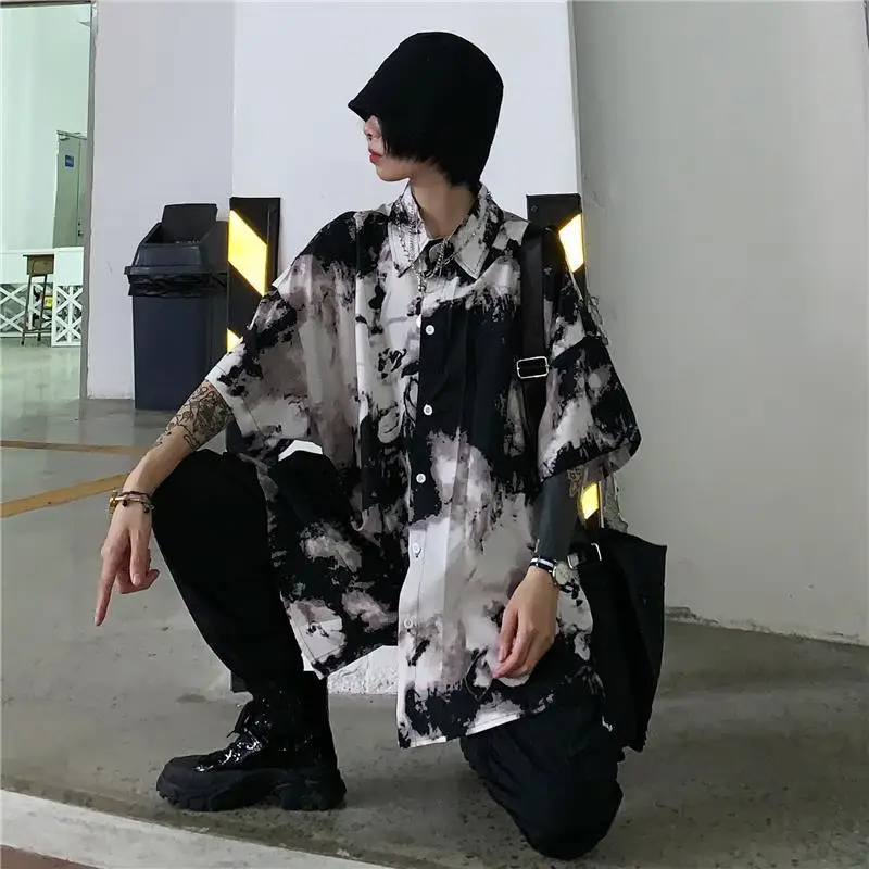 QWEEK Harajuku Punk Women's Shirt Gothic Black Blouse New Tie Dye Korean Oversize Short Sleeve Loose Top Casual Clothes BF Style