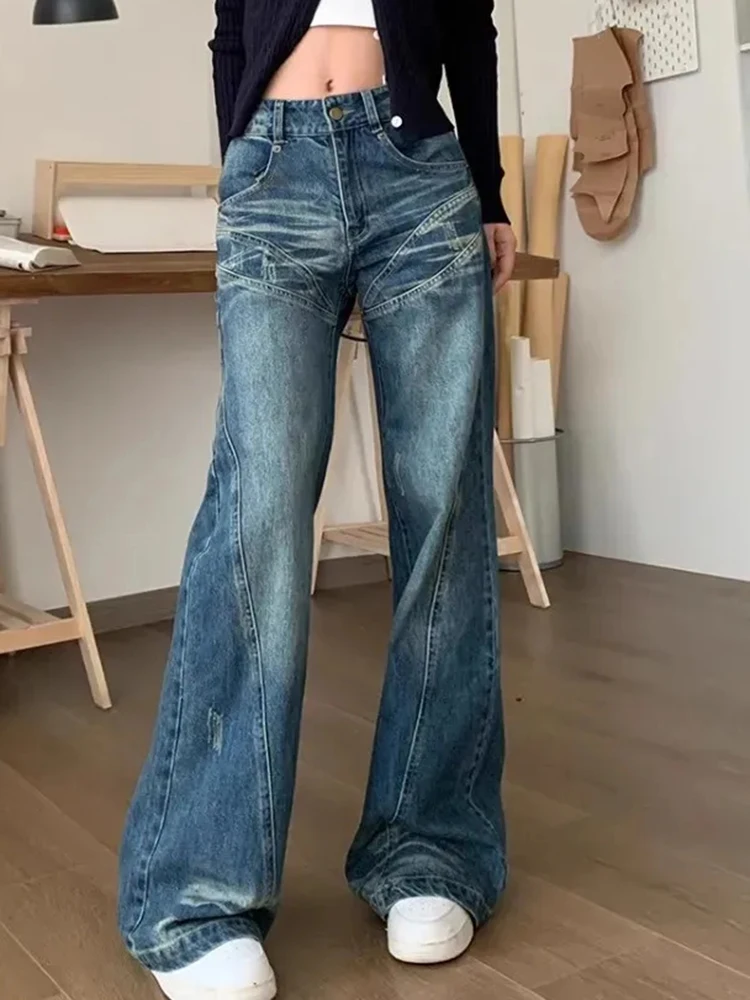 Mujer Vintage pantalones vaqueros acampanados coreano otoño nueva cintura alta pantalones vaqueros ajustados con botones Y2K ropa de calle Retro pantalones sueltos de pierna ancha para mujer
