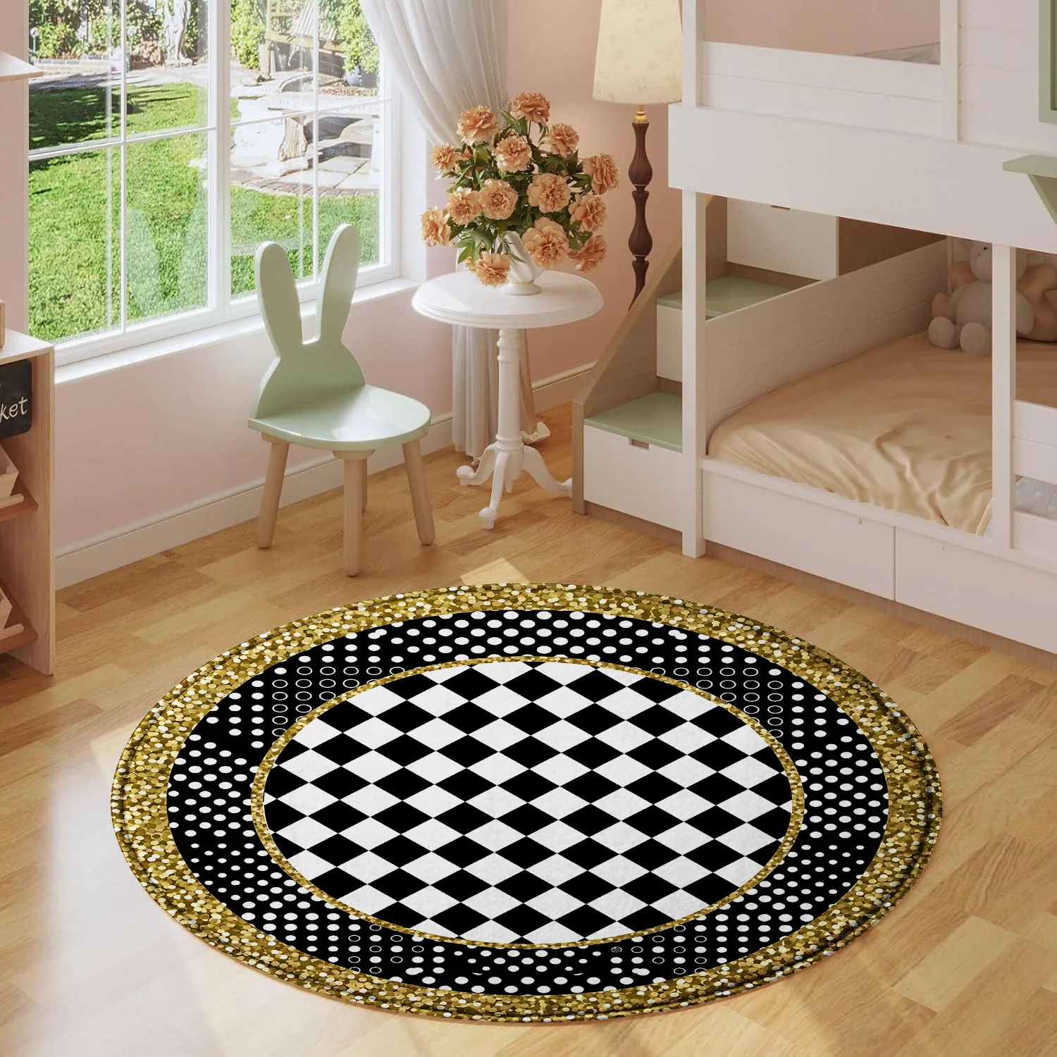 Black and White Checkerboard Round Rug with Gold Glitter Border, Modern Geometric Non-Slip Floor Mat, Stylish Circle Carpet