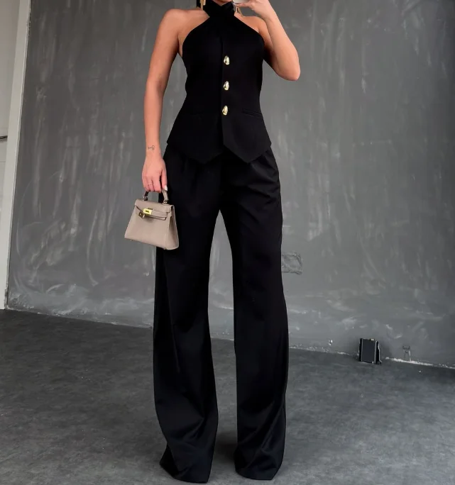 

New Fashion Hanging Neck Sleeveless Vest Top, High Waist Pants, Casual Set