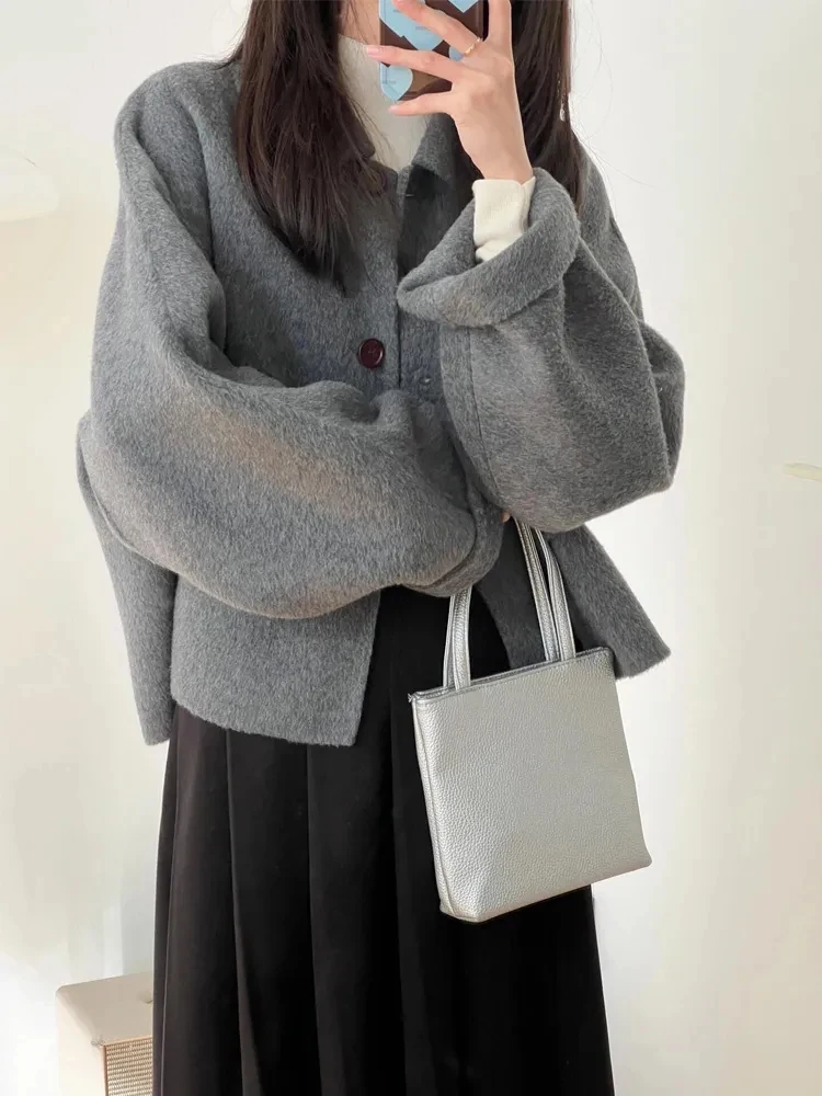 Cappotti di lana da donna Crop Vintage manica lunga con bottoni Office Lady Capispalla semplice Autunno Inverno Nuove eleganti top corti dolci e solidi