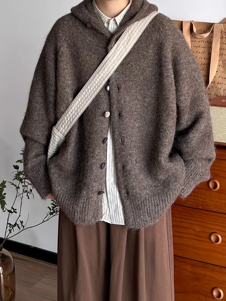 

Retro Japanese Sle Thiened Lazy Sle Hooded Open Cardigan Knitted Sweater Outerwear Loose Fit Spring Autumn Men's Faion